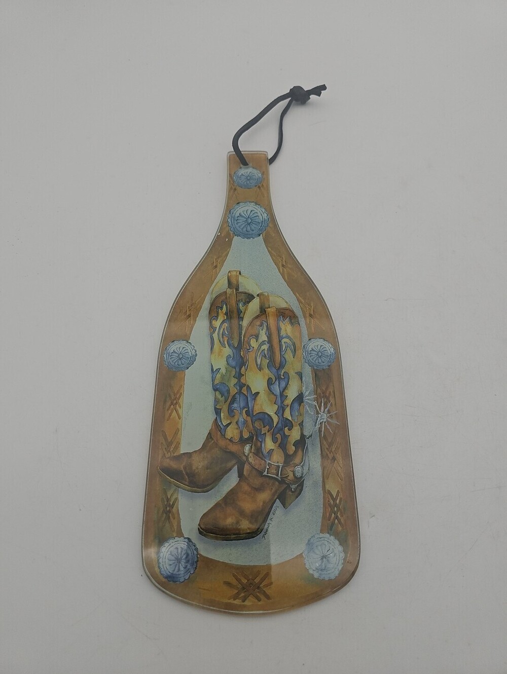 12x5” Glass Hanging Western Cowboy Boots Decor Signed By Deborah K.Ellis